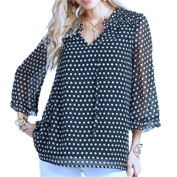 Suzanne Betro 4X NAVY White Polka Dot Ruffle Neck 3/4 Sleeve Top Tunic Blouse - Picture 14 of 14